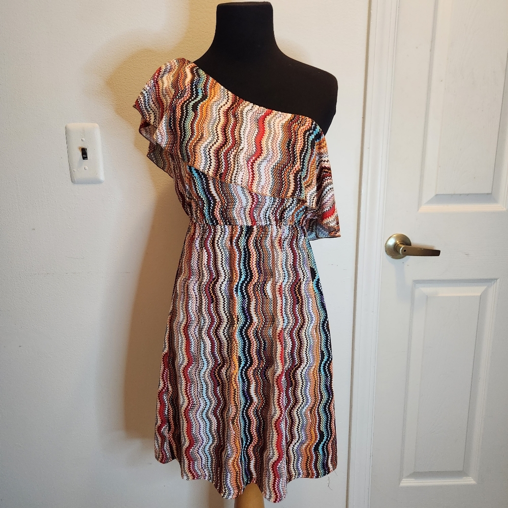 She's Cool Striped One Shoulder Multicolored Elastic Waist Small Dress